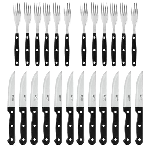 Russell Hobbs COMBO-4796 24-tlg. Steakmesser- u. Gabel-Set, Besteckservice f. 6 Pers., Steakmesser u. Gabeln m. Edelstahlklingen, Wellenschliff, scharfe Fleischmesser, ergonomische Griffe, schwarz von Russell Hobbs