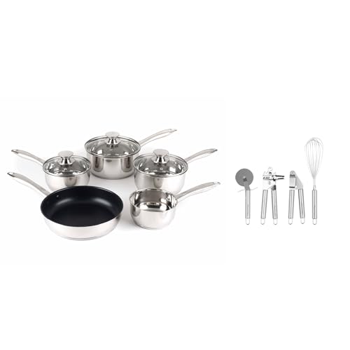 Russell Hobbs COMBO-7550A klassisches 9-teiliges Kochgeschirr- und Utensilien-Set - enthält Bratpfanne, Töpfe, Pizzaschneider, Dosenöffner, Knoblauchpresse und Schneebesen, Küchenhelfer aus Edelstahl von Russell Hobbs