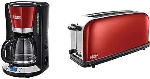 Russell Hobbs Digitale Kaffeemaschine Colours+ rot, 1,25l Glaskanne, bis 10 Tassen & Toaster Langschlitz Colours+ rot, extra breite 1 Langschlitzkammer, 6 Bräunungsstufen + Auftaufunktion von Russell Hobbs