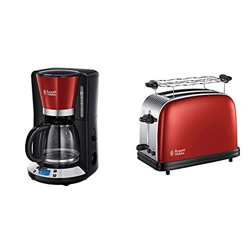 Russell Hobbs Digitale Kaffeemaschine Colours+ rot, programmierbarer Timer, 1,25l Glaskanne, bis 10 Tassen, 1100W & Toaster Colours+ rot, 2 extra breite Toastschlitze, 6 einstellbare Bräunungsstufen von Russell Hobbs