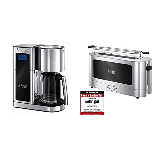 Russell Hobbs Digitale Kaffeemaschine Elegance Edelstahl, Timer-Funktion, bis 10 Tassen, 1,25l Glaskanne, 1600W, & Toaster Langschlitz Elegance Glas/Edelstahl, inkl. Brötchenaufsatz, 1420W, 23380-56 von Russell Hobbs