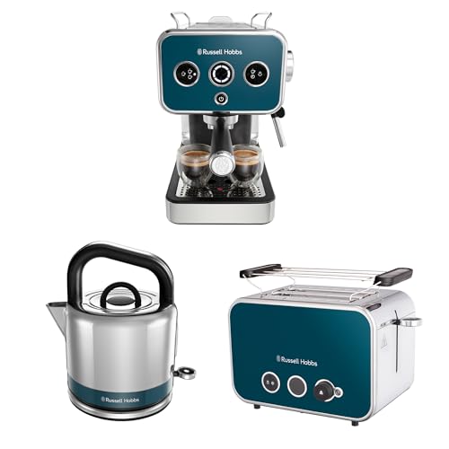 Russell Hobbs Frühstücksserie: Espressomaschine(Siebträgermaschine 15 Bar) + Wasserkocher(1,5l,Schnellkochfunktion) + Toaster(für 2 Scheiben,extra breite Toastschlitze) [Serie Distinction Ocean Blue] von Russell Hobbs