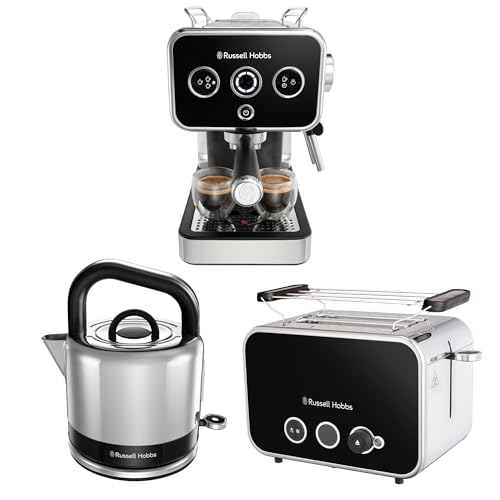 Russell Hobbs Frühstücksserie: Espressomaschine (Siebträgermaschine 15 Bar) + Wasserkocher (1,5l, Schnellkochfunktion) + Toaster (für 2 Scheiben,extra breite Toastschlitze) [Serie Distinction schwarz] von Russell Hobbs