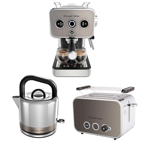 Russell Hobbs Frühstücksserie: Espressomaschine (Siebträgermaschine 15 Bar) + Wasserkocher (1,5l,Schnellkochfunktion) + Toaster (für 2 Scheiben,extra breite Toastschlitze) [Serie Distinction titanium] von Russell Hobbs