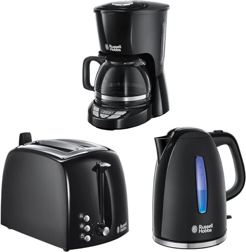 Russell Hobbs 3er Frühstücksset: Glas-Kaffeemaschine (programmierbarer Timer) + Wasserkocher (2400W, LED Beleuchtung) + Toaster (extra breite Toastschlitze) [Serie Textures Plus] von Russell Hobbs