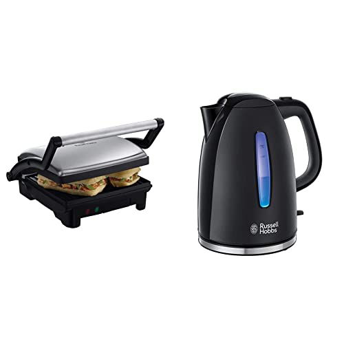 Russell Hobbs Kontaktgrill [3-in-1: Tischgrill - geöffnete Grillplatten | Panini & Sandwich Maker & Wasserkocher [1,7l, 2400W,blaue LED-Beleuchtung] Textures + Teekocher 22591-70 von Russell Hobbs