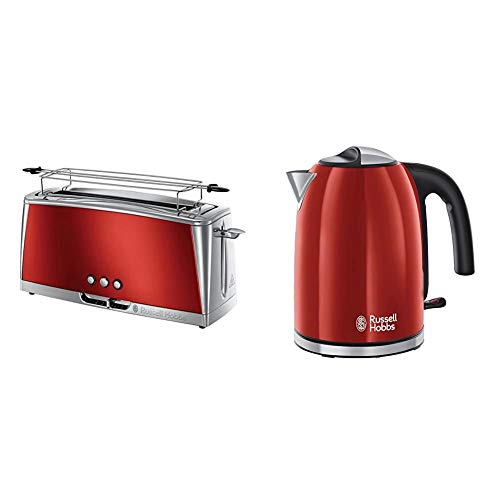 Russell Hobbs Langschlitz Toaster Luna rot, extra breite 1 Langschlitzkammer, 6 einstellbare Bräunungsstufen + Auftau- & Aufwärmfunktion, 1420W, 23250-56 & Wasserkocher Colours+ rot, 1,7l, 2400W von Russell Hobbs