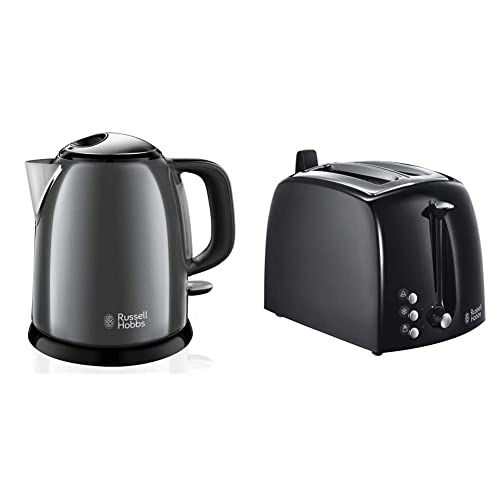 Russell Hobbs Mini-Wasserkocher Colours+ grau, 1,0l, 2400W, Schnellkochfunktion & Toaster Textures+, 2 extra breite Toastschlitze, Brötchenaufsatz & integrierte Toast-Zange, 850W, Toaster schwarz von Russell Hobbs