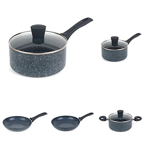 Russell Hobbs RH00845EU Non Stick Blue Marble 18cm and 20cm Saucepan, 20cm Stock Pot, 28cm and 24cm Frying Pan with Soft Bakelite Handle, Double Layer Non-Stick Coating, Induction Cooker & Dishwasher von Russell Hobbs