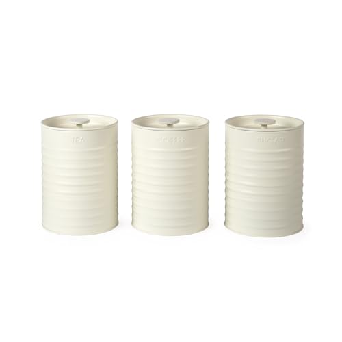 Russell Hobbs RH03268CEU7 Ribbed 3-teiliges Kanisterset – Set mit 3 Küchenkanistern für Tee, Kaffee und Zucker, langlebiger pulverbeschichteter Stahl, Klappdeckel, leicht zu reinigen, Creme von Russell Hobbs