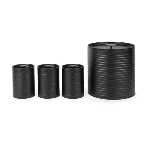 Russell Hobbs RH03270EU7 Ribbed 4-teiliges Arbeitsplatten-Set – Set aus 3 Küchenkanistern und Brotkasten, Tee, Kaffee und Zucker, strapazierfähigem Stahl, leicht zu reinigen, schwarz von Russell Hobbs
