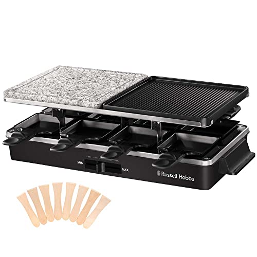 Russell Hobbs Raclette Grill 8 Personen [inkl. 8 Pfännchen und Holzspachtel, 2 Tischgrill-Platten] Multi-Grill (Naturstein mit Saftrinne, antihaftbeschichtete Wendeplatte geriffelt) Schwarz,26280-56 von Russell Hobbs