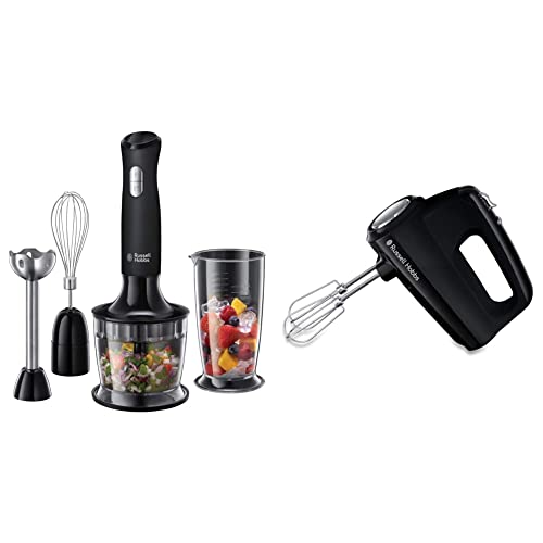 Russell Hobbs Stabmixer 3-in1 Matt Schwarz (Zerkleinerer, Mixer- & Schneebesenaufsatz) 24702-56 & Handmixer Matt Schwarz (5 Geschwindigkeitsstufen plus Turbofunktion)24672-56 von Russell Hobbs