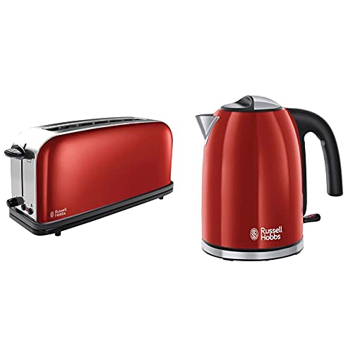 Russell Hobbs Toaster Langschlitz Colours+ rot, extra breite 1 Langschlitzkammer, 6 einstellbare Bräunungsstufen + Auftaufunktion & Wasserkocher Colours+ rot, 1,7l, 2400W, optimierte Ausgusstülle von Russell Hobbs