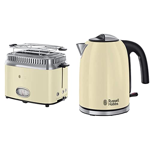 Russell Hobbs Toaster Retro creme, Retro Countdown-Anzeige, inkl. Brötchenaufsatz, 1300W & Wasserkocher Colours+ Creme, 1,7l, 2400W, Schnellkochfunktion, optimierte Ausgusstülle von Russell Hobbs