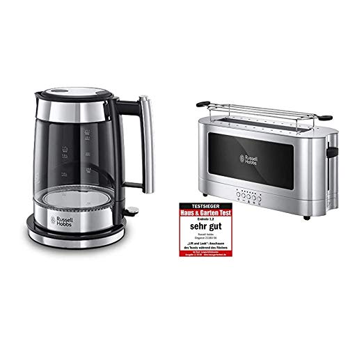 Russell Hobbs Wasserkocher, Glas Elegance, 200W & Toaster Langschlitz Elegance Glas/Edelstahl, inkl. Brötchenaufsatz, 6 elektronisch einstellbare Bräunungsstufen + Auftau- & Aufwärmfunktion, 1420W von Russell Hobbs