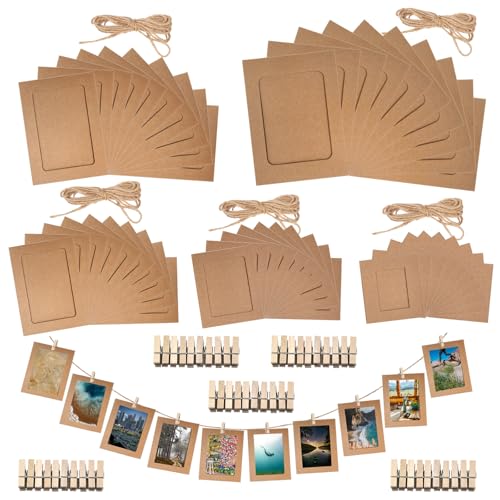 Rustark 105 Stück 5 Größen Braun Papier Fotorahmen Satz Karton Bilderrahmen Papier Bilderrahmen Fotorahmen aus Pappe Kraftpapier Bilderrahmen mit hölzernen Clips und Strings für Wanddekoration von Rustark
