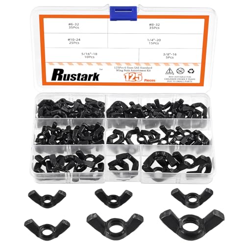 Rustark 125 Stück 6 Größen Schwarz SAE Flügelmuttern Sortiment Kit Verzinkt Flügelschrauben Kohlenstoffstahl Flügelmutter Schmetterlingsmutter Wing Nut für DIY elektronische Geräte Hardware von Rustark