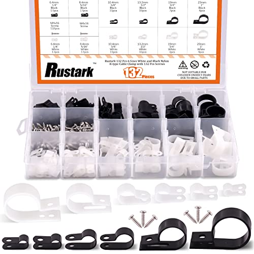 Rustark 132 Stück 6 Größen Schwarz und Weiß Nylon R-Typ Kabelschellen Nylon Kabelhalter R Clips Schraubbefestigung Kabelklemmen kommt mit 132 Stück 304 Edelstahl Schrauben für Drahtmanagement von Rustark