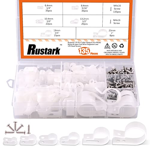 Rustark 135 Stück 6 Größen Weiß Nylon R-Typ Kabelschellen Nylon Kabelhalter R Clips Schraubbefestigung Kabelklemmen kommt mit 135 Stück 304 Edelstahl Schrauben für Drahtmanagement von Rustark