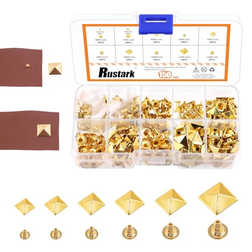 Rustark 150 Sets 6 Größen Gold Pyramidennieten Spitzenieten Pyramide Punk Spike Nieten Set Pyramide Rapid Nieten Studs Set für DIY Leder Handwerk Dekorationen 6mm 7mm 8mm 9mm 10mm 12mm von Rustark