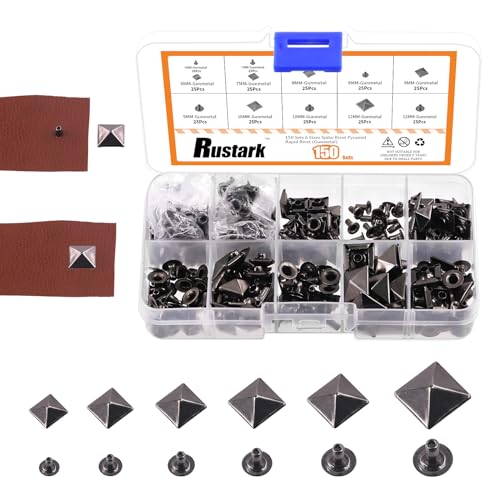 Rustark 150 Sets 6 Größen Schwarz Pyramidennieten Spitzenieten Pyramide Punk Spike Nieten Set Pyramide Rapid Nieten Studs Set für DIY Leder Handwerk Dekorationen 6mm 7mm 8mm 9mm 10mm 12mm von Rustark