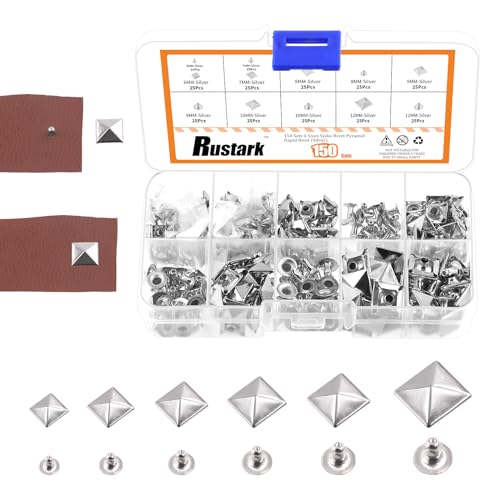 Rustark 150 Sets 6 Größen Silber Pyramidennieten Spitzenieten Pyramide Punk Spike Nieten Set Pyramide Rapid Nieten Studs Set für DIY Leder Handwerk Dekorationen 6mm 7mm 8mm 9mm 10mm 12mm von Rustark