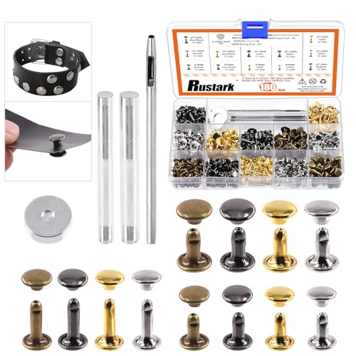 Rustark 180 Sets Leder Nieten Doppelkappen 3 Größen 4 Farben Doppel Kappe Niete Hohlnieten mit Werkzeug Set für DIY Leder Handwerk (8x8mm, 8x12mm, 10x10mm) von Rustark
