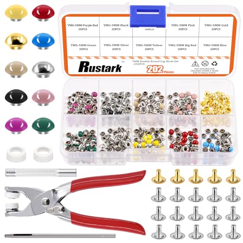 Rustark 200 Sets 5mm Runde Doppelkappe Nieten Set mit 5Pcs Fixierwerkzeug, 10 Farben Ledernieten Metall Hohlnieten Round Cap Leather Rivets für DIY Leder Handwerk Dekorationen Rustark 200 Sets 5mm Runde Doppelkappe Nieten Set mit 5Pcs Fixierwerkzeug, 10 Farben Ledernieten Metall Hohlnieten Round Cap Leather Rivets für DIY Leder Handwerk Dekorationen von Rustark