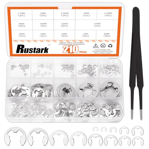 Rustark 211 Stück 14 Größen 304 Edelstahl E Clip Sprengringe Sicherungsringe Sortiment Set Externer Intern Sicherungsringe Silber E Clip Öffnungsring für Lagern Zahnrädern Riemenscheiben von Rustark
