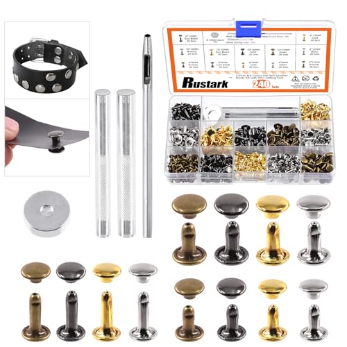 Rustark 240 Sets Leder Nieten Doppelkappen 3 Größen 4 Farben Doppel Kappe Niete Hohlnieten mit Werkzeug Set für DIY Leder Handwerk (8x8mm, 8x12mm, 10x10mm) von Rustark