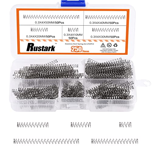 Rustark 250 Stück 5 Größen Druckfedern Sortiment Kit Mini Edelstahl Druckfedern Set Sprungfeder Federn Sortiment für Reparaturen, 10-50mm Länge, 4mm Außendurchmesser, 0.3mm Drahtdurchmesser von Rustark