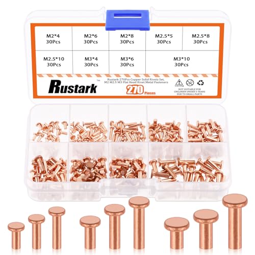 Rustark 270 Stück M2 M2.5 M3 Kupfer Feste Nieten Flachkopf Kupfer Nieten Befestigungsteile Sortiment Kit Copper Solid Rivets für Handwerk Reparatur Lederarbeit von Rustark