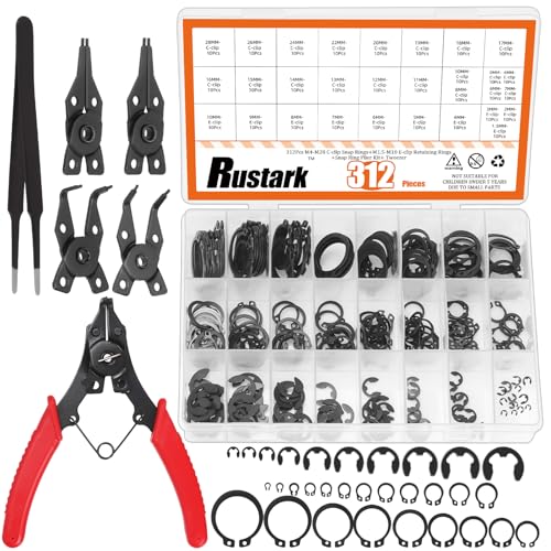 Rustark 312 Stück 4 in 1 Sprengringzange mit M1.5-M10 Schwarz E-Clip Sicherungsringe Sortiment Set und M4-M28 C-Clip Externe Sicherungsringe Satz mit Pinzette von Rustark