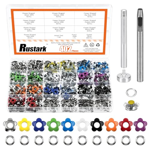 Rustark 403 Stück 10 Farben 5mm Blume Ösen Sortiment Set mit 3 Stück Werkzeug, Blume Metallösen Metall Tüllen Ösen Flower Eyelets Grommets für Schuhe Kleidung Leder DIY Handwerk von Rustark