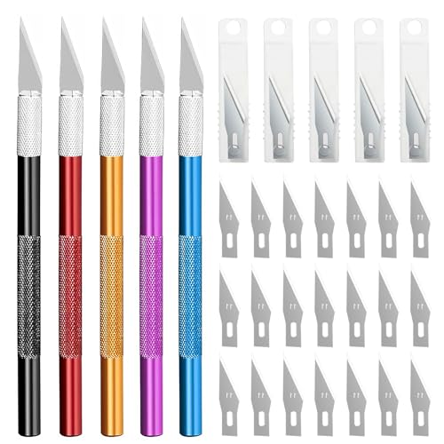 Rustark 5 Stück Skalpell Hobbymesser Bastelmesser mit 25 Skalpell Klingen, Cuttermesser Hobbymesser Schnitzmesser Cutter für Kunststoffmodelle Gundam Art Hobby Craft von Rustark