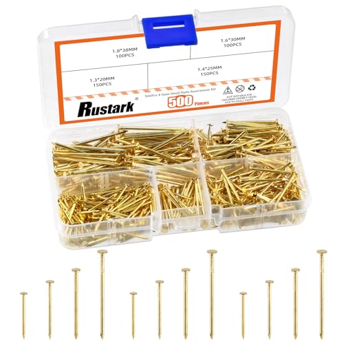 Rustark 500 Stück 4 Größen Gold Stahlnägel Sortiment Set Linsenkopf Kleine Nägel Holznägel Wandnägel Kleine Nägel Bilder Aufhängen Nägel Universale Nägel zum Bilder Aufhängen Holz von Rustark