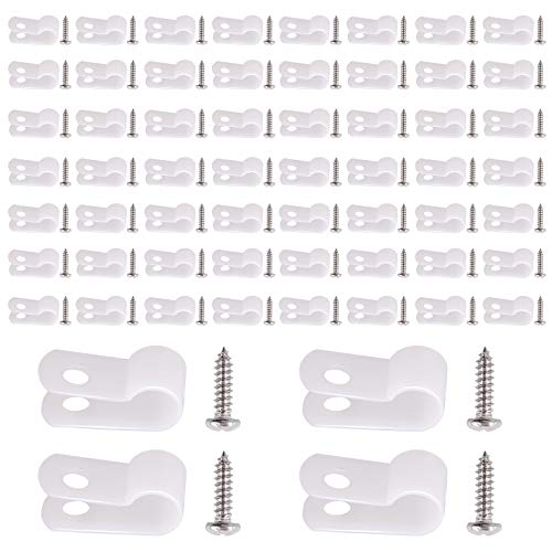 Rustark 60 Stück 6.4mm Weiß Nylon R-Typ Kabelschellen Nylon Kabelhalter R Clips Schraubbefestigung Kabelklemmen mit 60 Stück 304 Edelstahl Schrauben für Drahtmanagement (1/4”) von Rustark
