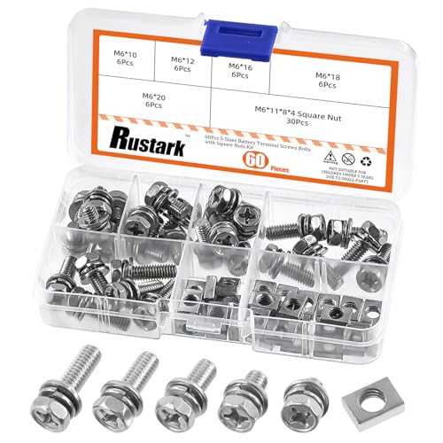 Rustark 60Pcs M6x10mm 12mm 16mm 18mm 20mm 304 Edelstahl Motorrad Batterie Schrauben Muttern Set, ATV Batterieklemme Schrauben Vierkantmuttern Battery Bolts and Nuts für ATV Motorrad Reparaturen von Rustark