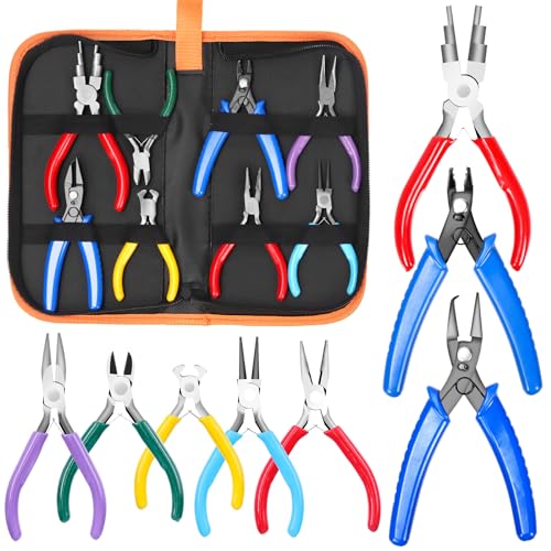 Rustark 9 Stück Schmuckzange Set Beinhaltet Pointed Pliers, Side Cutters, Biegezange, Drahtschneider Zange, Kettenzange, Perlen Crimpen Zangen, Sprungringöffner für Schmuck Herstellung von Rustark