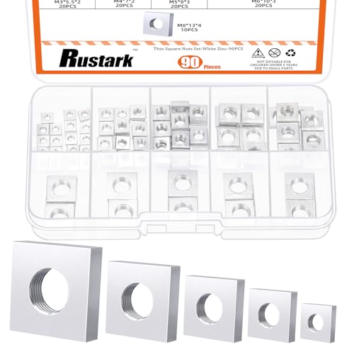 Rustark 90 Stück M3 M4 M5 M6 M8 Vierkantmuttern Sortiment Set Weiß Verzinkt Metrisches Vierkantmuttern Quadratmutter Einlegmutter Metall Quadratische Mutter Square Nuts für Industrielle Maschine von Rustark