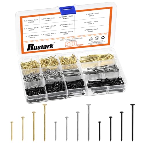 Rustark 900 Stück 4 Größen 3 Farben Stahlnägel Sortiment Set Linsenkopf Kleine Nägel Holznägel Wandnägel Kleine Nägel Bilder Aufhängen Nägel Universale Nägel zum Bilder Aufhängen Holz von Rustark