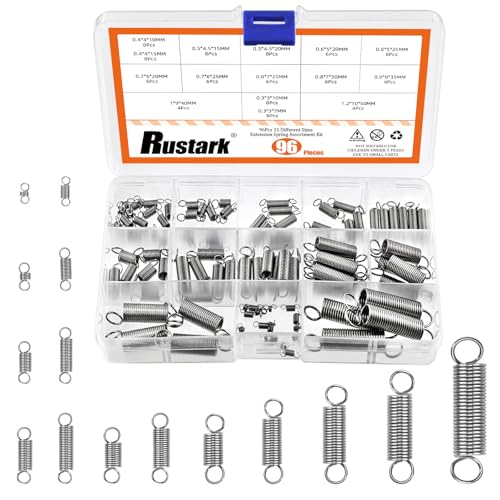 Rustark 96 Stück 15 Größen Edelstahl Zugfedern Sortiment Kit Federn mit Haken Druckfedern Mechanisch Spannfedern Stahlfedern Federn Sortiment Set Kit Extension Spring Assortment von Rustark