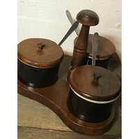 Gewürz Caddy, Tablett, Deckel Serviergläser, Snack Crock Steinzeug, Nussbaum Dip Picknick Mid Century Schale von RusticBuckets