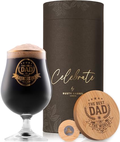 Rusty Barrel Vatertagsgeschenke – Personalisiertes Bierglas (400 ml) mit Untersetzer/Flaschenöffner, Väterglas, perfekt als Weihnachtsgeschenke oder Vatergeschenke, Geschenke für Papa in einer schönen von Rusty Barrel