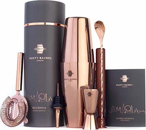 Rusty Barrel Belgravia Cocktail Set – Boston Cocktail Shaker Set aus Edelstahl mit Kupfer-Finish & Barzubehör | Edles Cocktail Mix Set in Luxuriöser Geschenkbox von Rusty Barrel