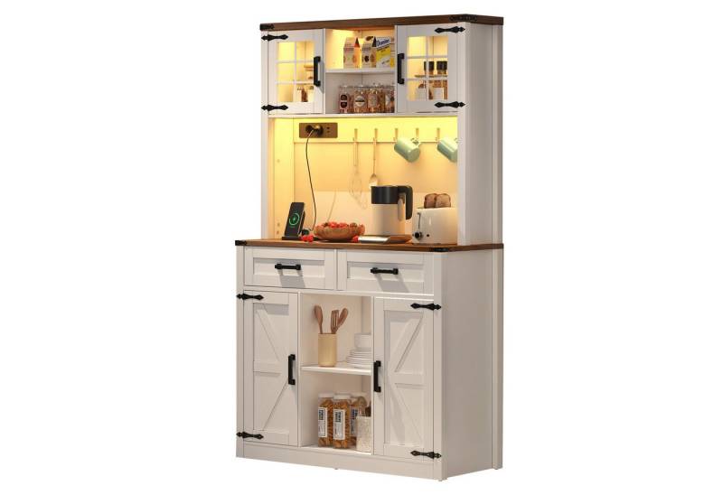 Rutaqian Barschrank Barschrank mit LED-Beleuchtung und Steckdosen mit 2 großen Schubladen (1-St., großer Küchen-Buffetschrank mit verstellbaren Einlegeböden) Scheunentor-Design, rustikaler Kaffeebar Sideboard Tisch, weiß von Rutaqian