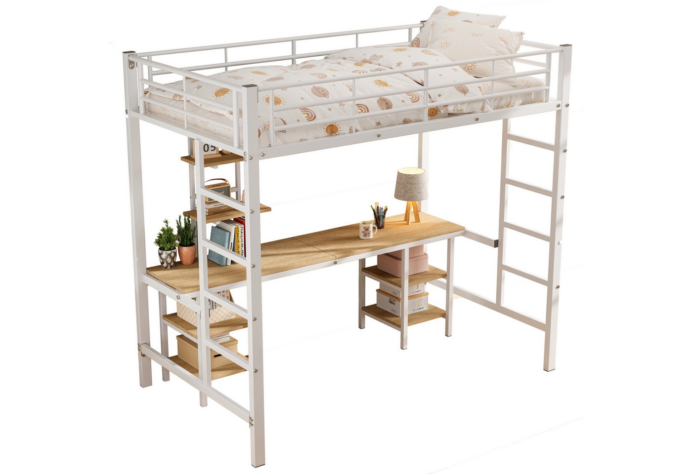 Rutaqian Bettgestell Eisenrahmenbett, Etagenbett mit Tisch und Regalen,Fallschutzgitter (1-tlg), Kinderbett mit Seitenleiter,  für Kinder und Jugendliche, 90x200cm von Rutaqian