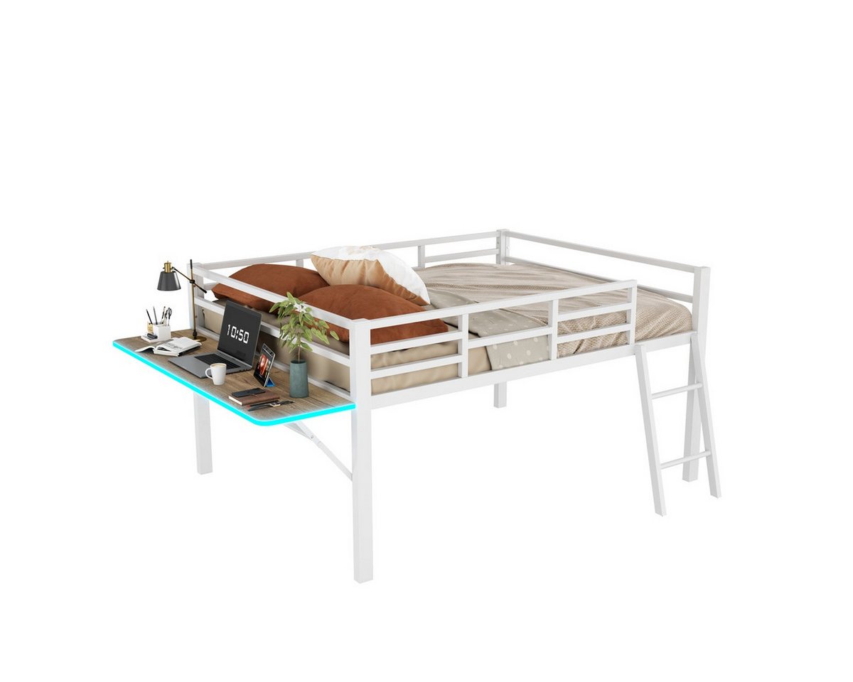 Rutaqian Bettgestell Halbhohes Bett mit Leiter, Klappschreibtisch neben dem Bett (Tischkante mit LED-Ambiente-Beleuchtung, Flachbett(Ohne Matratze) von Rutaqian