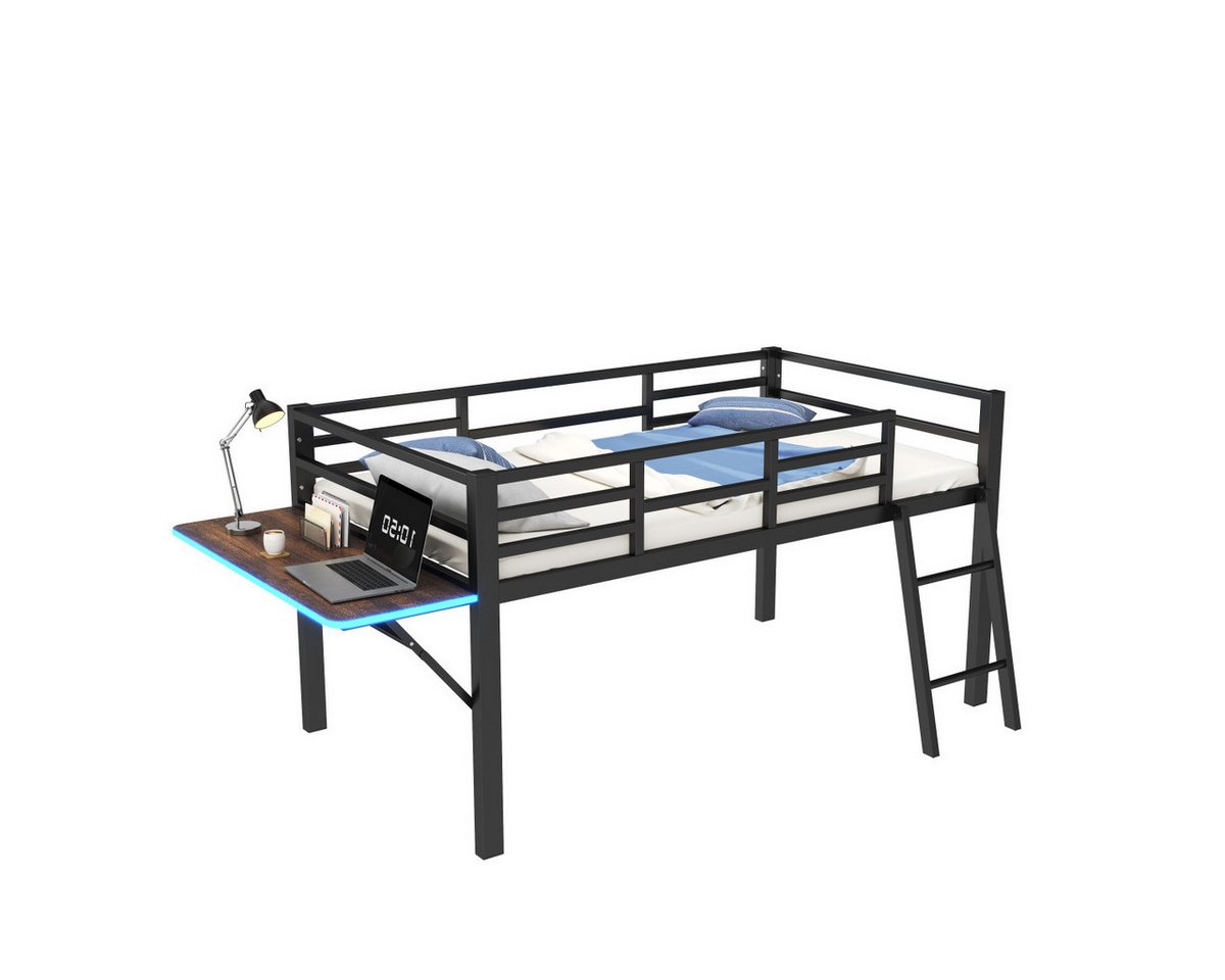 Rutaqian Bettgestell Halbhohes Bett mit Leiter, Klappschreibtisch neben dem Bett (Tischkante mit LED-Ambiente-Beleuchtung, Flachbett(Ohne Matratze) von Rutaqian